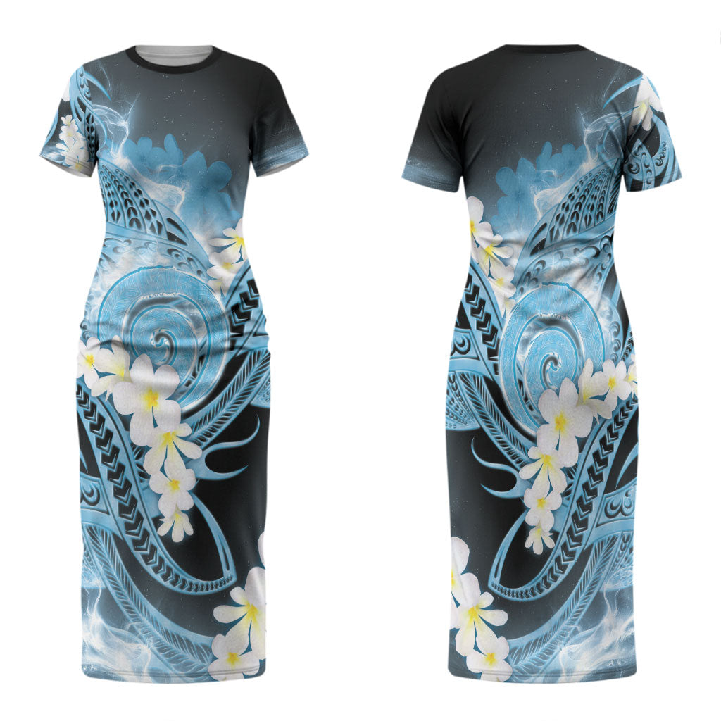 Piko Hawaiian Family Matching Short Sleeve Bodycon Dress and Hawaiian Shirt Blue Galaxy Spiral Plumeria Tribal Patterns DT05 Mom's Dress Blue - Polynesian Pride