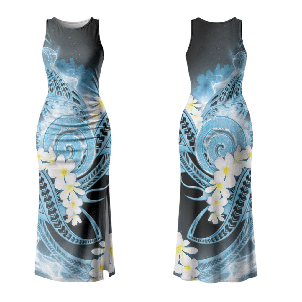 Piko Hawaiian Family Matching Tank Maxi Dress and Hawaiian Shirt Blue Galaxy Spiral Plumeria Tribal Patterns DT05 Mom's Dress Blue - Polynesian Pride