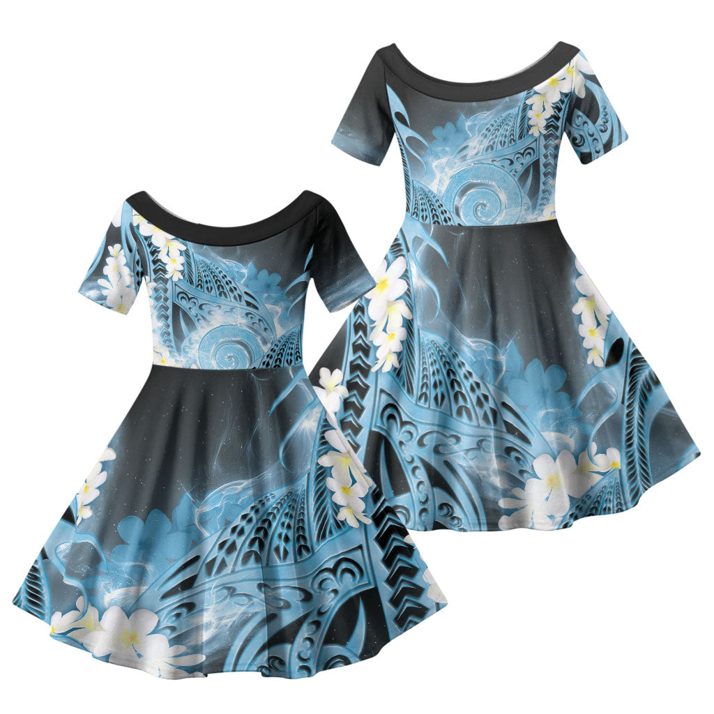 Piko Hawaiian Family Matching Tank Maxi Dress and Hawaiian Shirt Blue Galaxy Spiral Plumeria Tribal Patterns DT05 Daughter's Dress Blue - Polynesian Pride