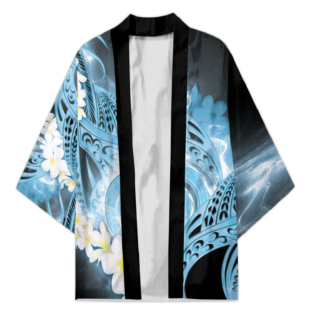 Piko Hawaiian Kimono Blue Galaxy Spiral Plumeria Tribal Patterns