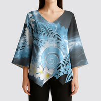 Piko Hawaiian Kimono Sleeve Blouse Blue Galaxy Spiral Plumeria Tribal Patterns