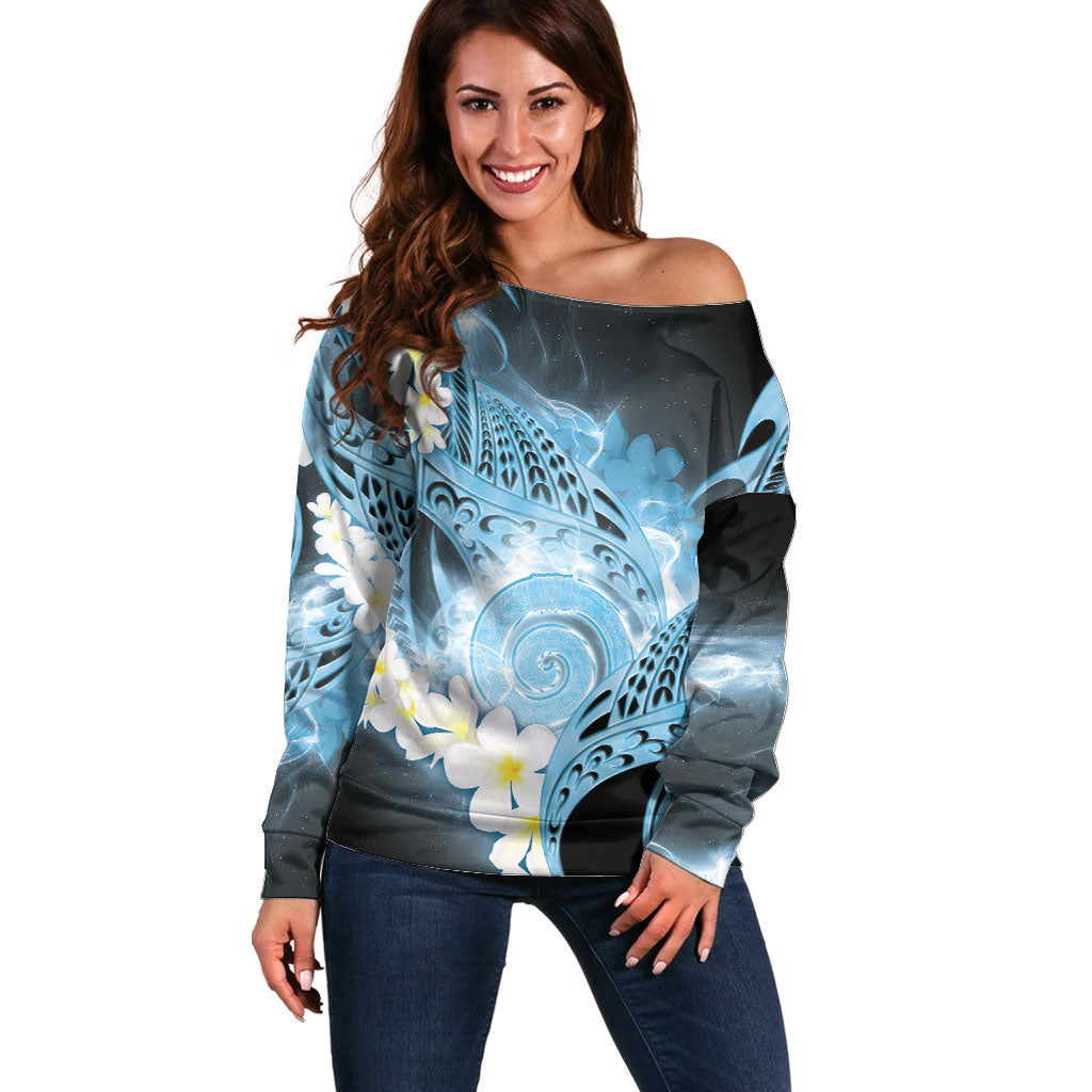 Piko Hawaiian Off Shoulder Sweater Blue Galaxy Spiral Plumeria Tribal Patterns