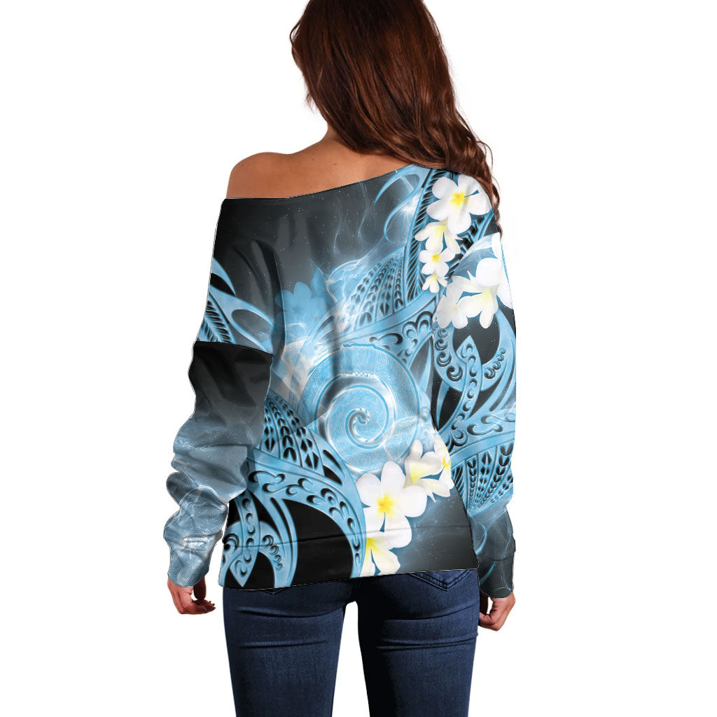 Piko Hawaiian Off Shoulder Sweater Blue Galaxy Spiral Plumeria Tribal Patterns