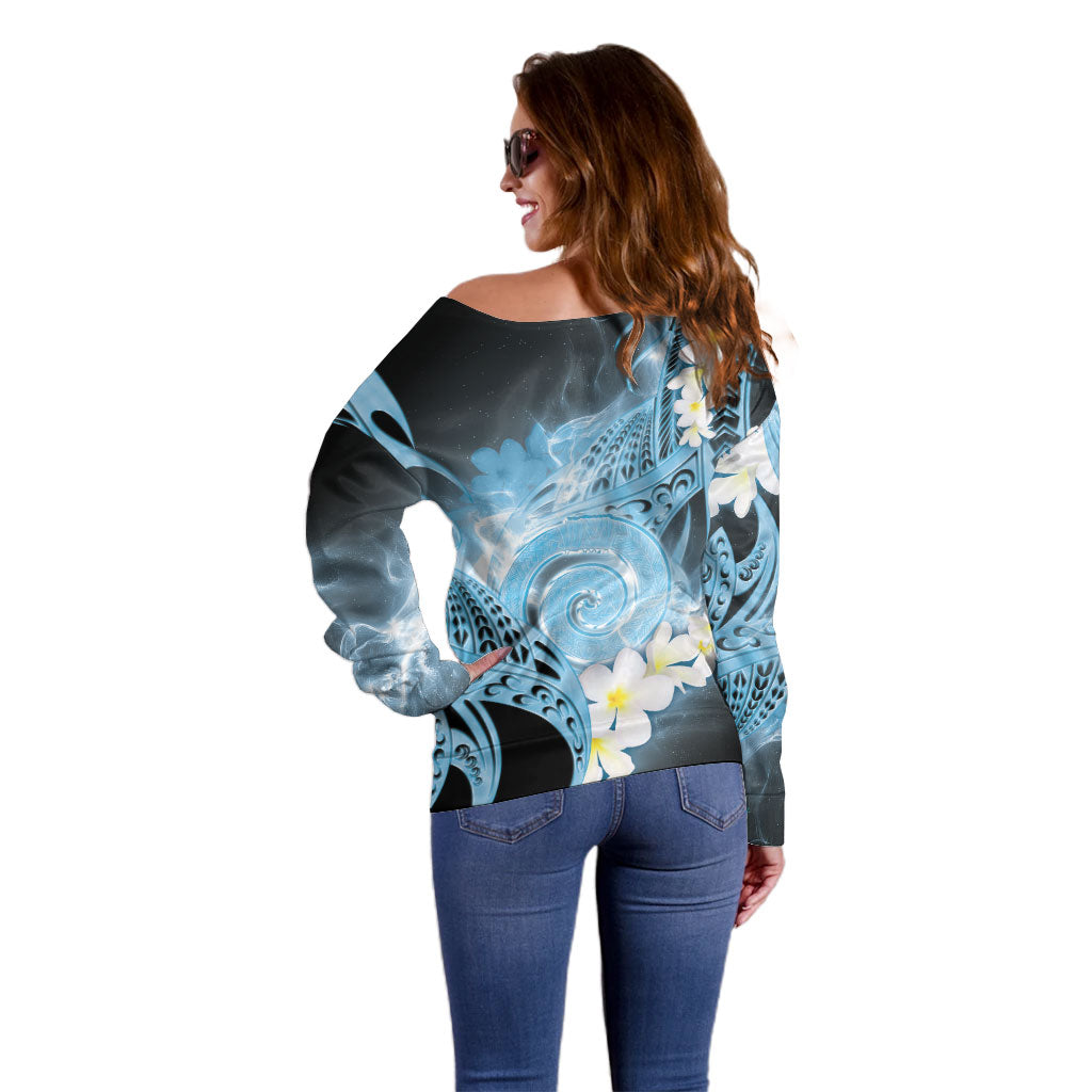 Piko Hawaiian Off Shoulder Sweater Blue Galaxy Spiral Plumeria Tribal Patterns