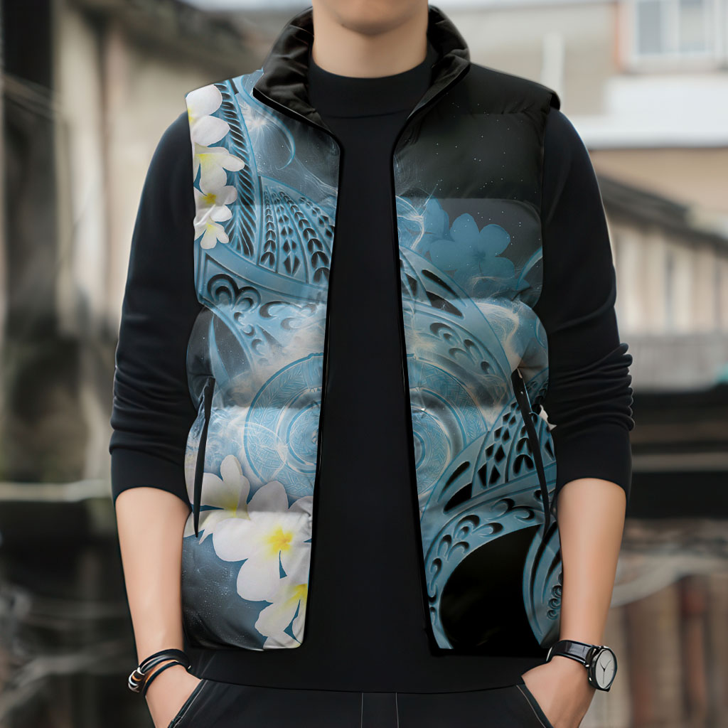 Piko Hawaiian Sleeveless Puffer Jacket Blue Galaxy Spiral Plumeria Tribal Patterns