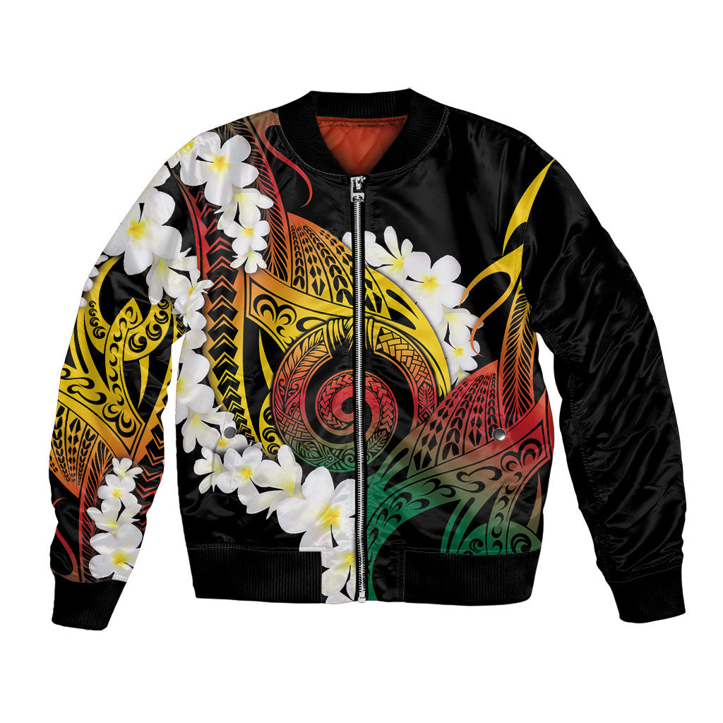 Piko Hawaiian Bomber Jacket Gradient Spiral Plumeria Tribal Patterns