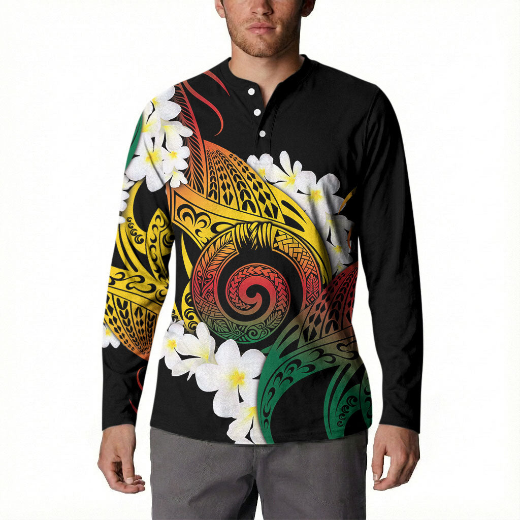 Piko Hawaiian Button Sweatshirt Gradient Spiral Plumeria Tribal Patterns