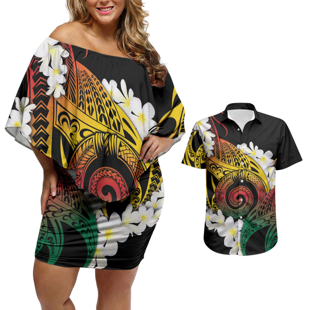 Piko Hawaiian Couples Matching Off Shoulder Short Dress and Hawaiian Shirt Gradient Spiral Plumeria Tribal Patterns