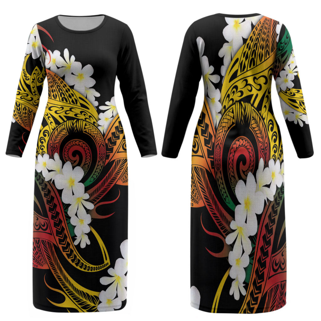 Piko Hawaiian Family Matching Long Sleeve Bodycon Dress and Hawaiian Shirt Gradient Spiral Plumeria Tribal Patterns DT05 Mom's Dress Multicolor - Polynesian Pride