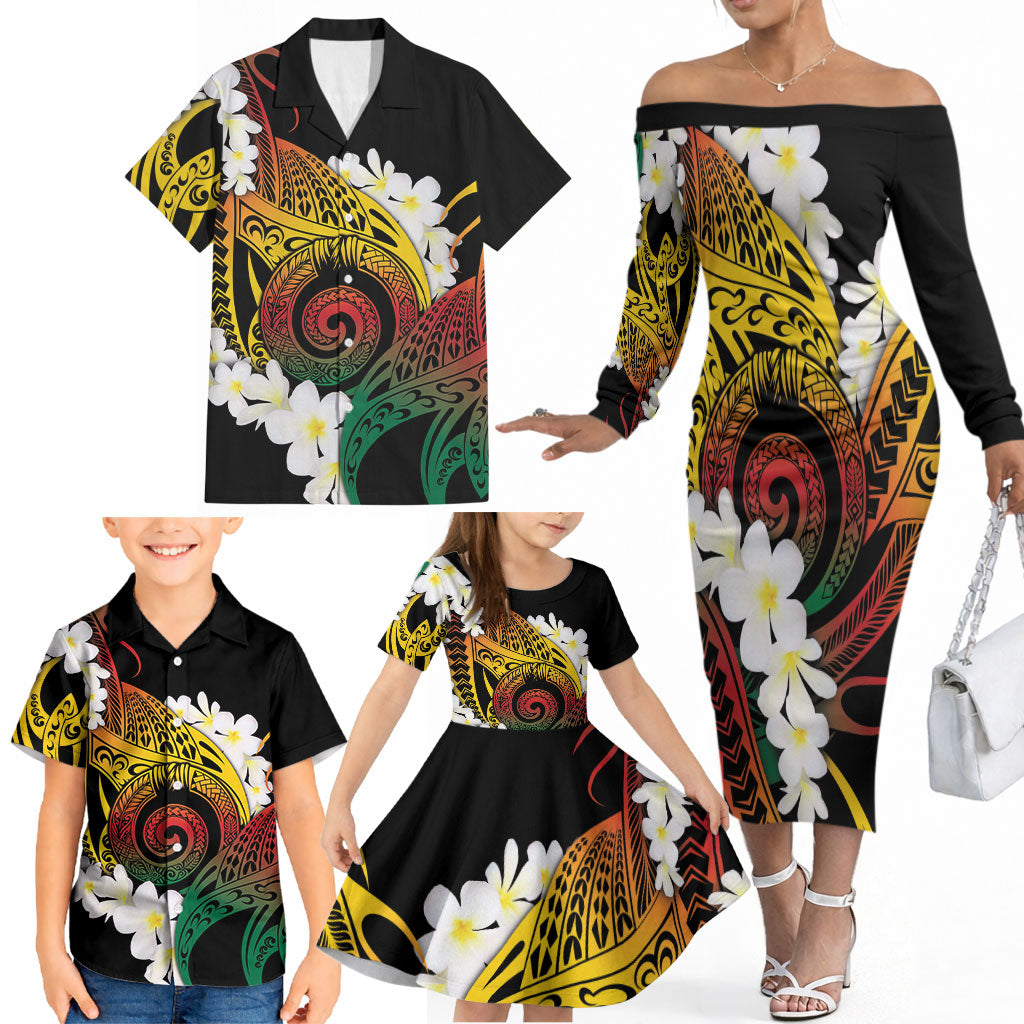 Piko Hawaiian Family Matching Off The Shoulder Long Sleeve Dress and Hawaiian Shirt Gradient Spiral Plumeria Tribal Patterns DT05 - Polynesian Pride