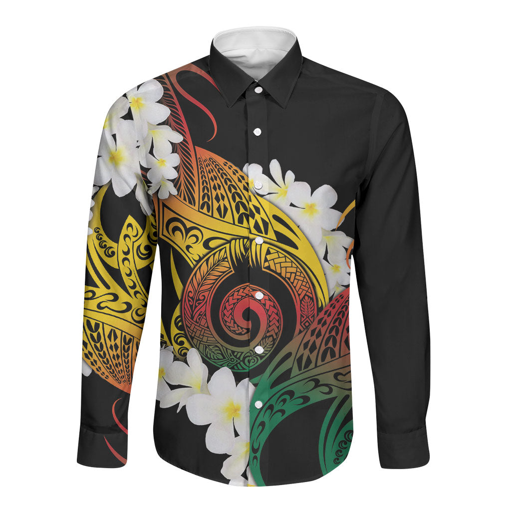 Piko Hawaiian Long Sleeve Button Shirt Gradient Spiral Plumeria Tribal Patterns