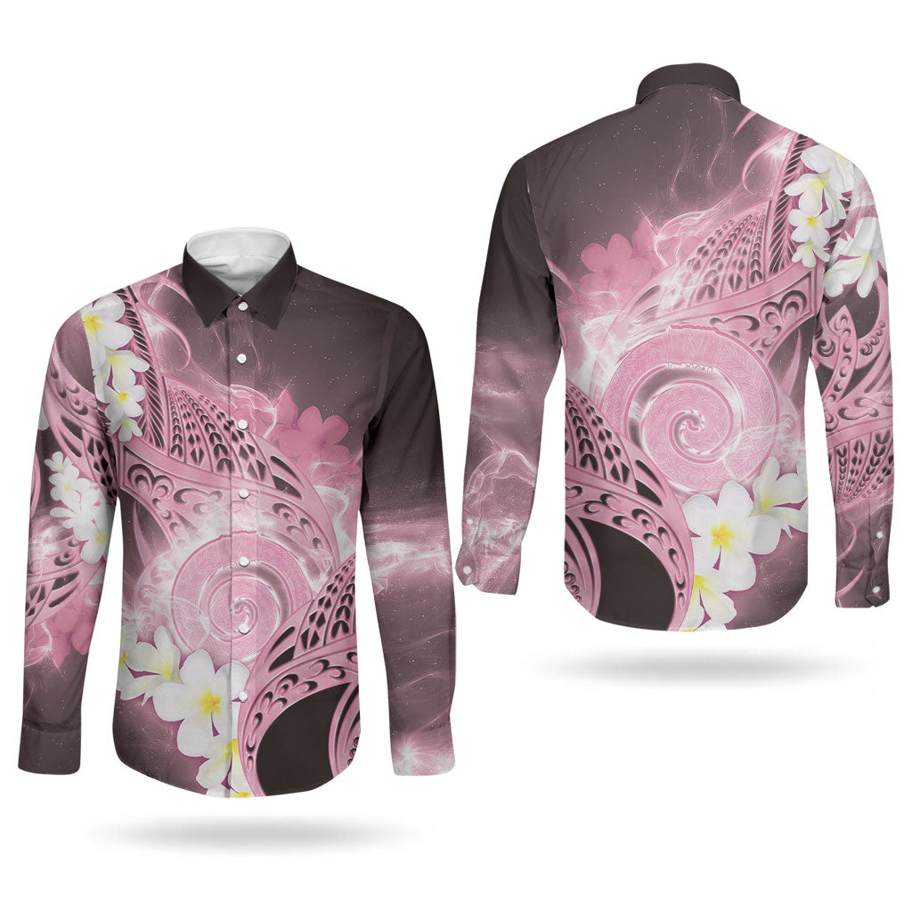 Piko Hawaiian Couples Matching Off Shoulder Short Dress and Long Sleeve Button Shirt Pink Galaxy Spiral Plumeria Tribal Patterns DT05 - Polynesian Pride