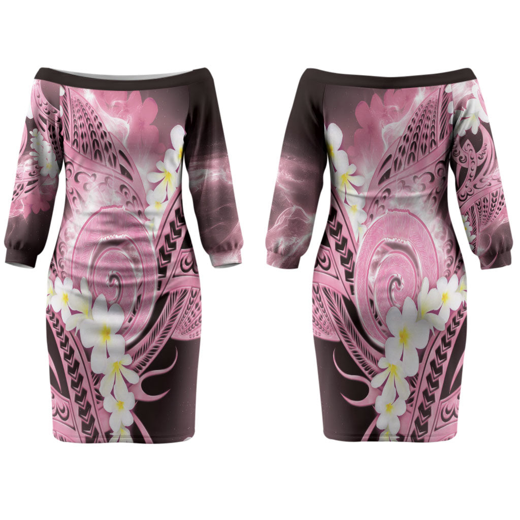 Piko Hawaiian Couples Matching Off The Shoulder Long Sleeve Dress and Hawaiian Shirt Pink Galaxy Spiral Plumeria Tribal Patterns DT05 - Polynesian Pride