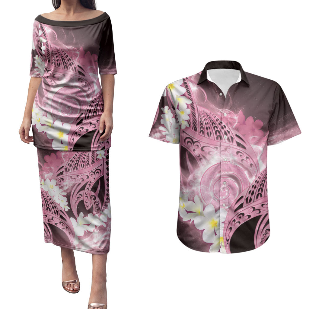 Piko Hawaiian Couples Matching Puletasi and Hawaiian Shirt Pink Galaxy Spiral Plumeria Tribal Patterns