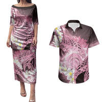 Piko Hawaiian Couples Matching Puletasi and Hawaiian Shirt Pink Galaxy Spiral Plumeria Tribal Patterns