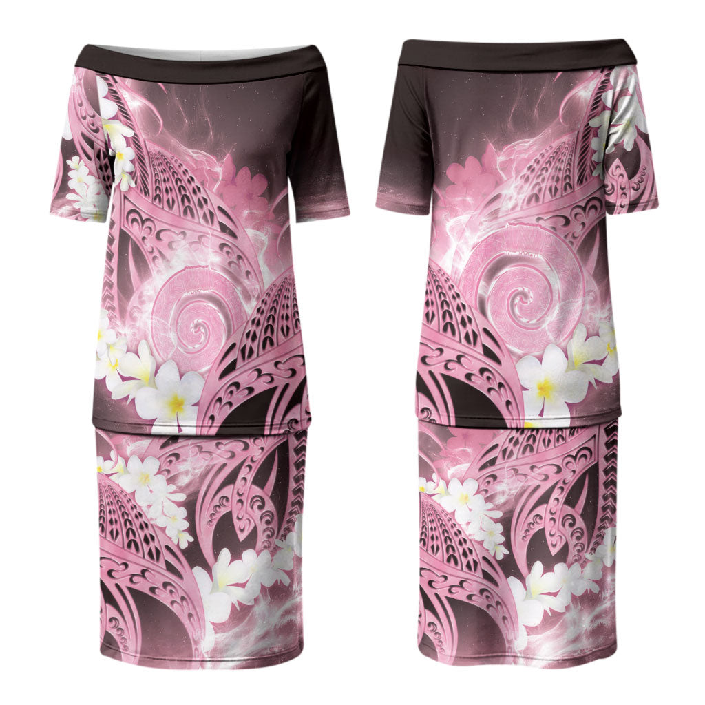 Piko Hawaiian Couples Matching Puletasi and Hawaiian Shirt Pink Galaxy Spiral Plumeria Tribal Patterns