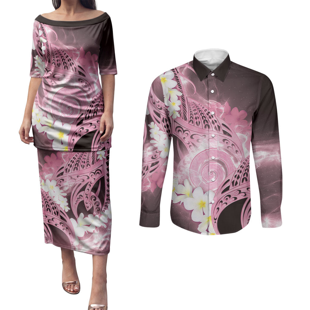 Piko Hawaiian Couples Matching Puletasi and Long Sleeve Button Shirt Pink Galaxy Spiral Plumeria Tribal Patterns