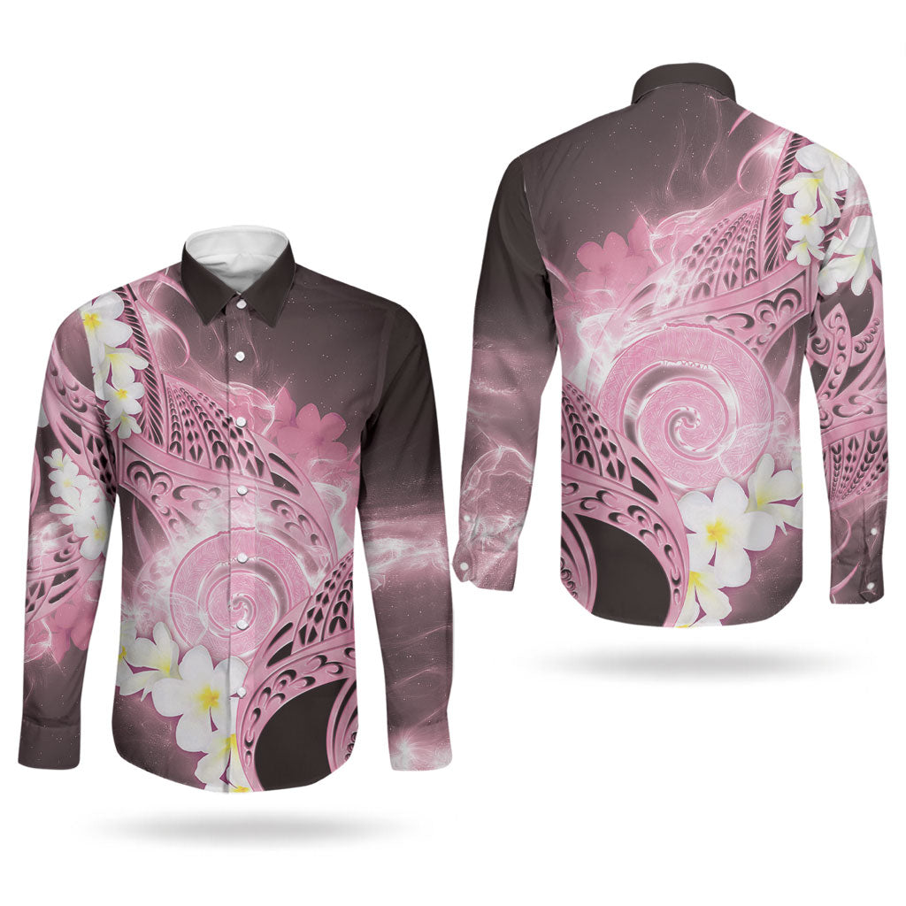 Piko Hawaiian Couples Matching Short Sleeve Bodycon Dress and Long Sleeve Button Shirt Pink Galaxy Spiral Plumeria Tribal Patterns DT05 - Polynesian Pride