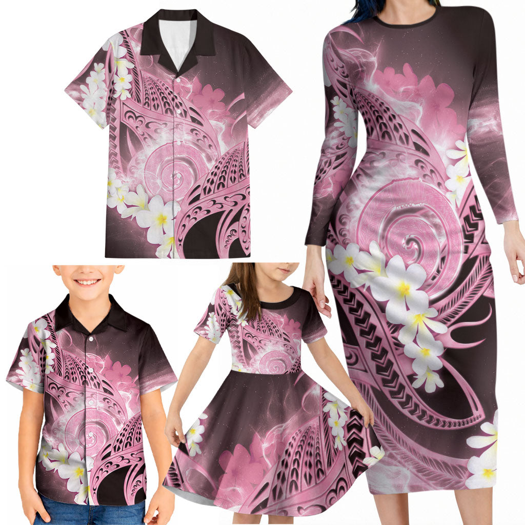 Piko Hawaiian Family Matching Long Sleeve Bodycon Dress and Hawaiian Shirt Pink Galaxy Spiral Plumeria Tribal Patterns DT05 - Polynesian Pride