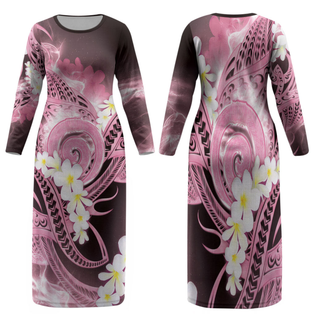 Piko Hawaiian Family Matching Long Sleeve Bodycon Dress and Hawaiian Shirt Pink Galaxy Spiral Plumeria Tribal Patterns DT05 Mom's Dress Pink - Polynesian Pride
