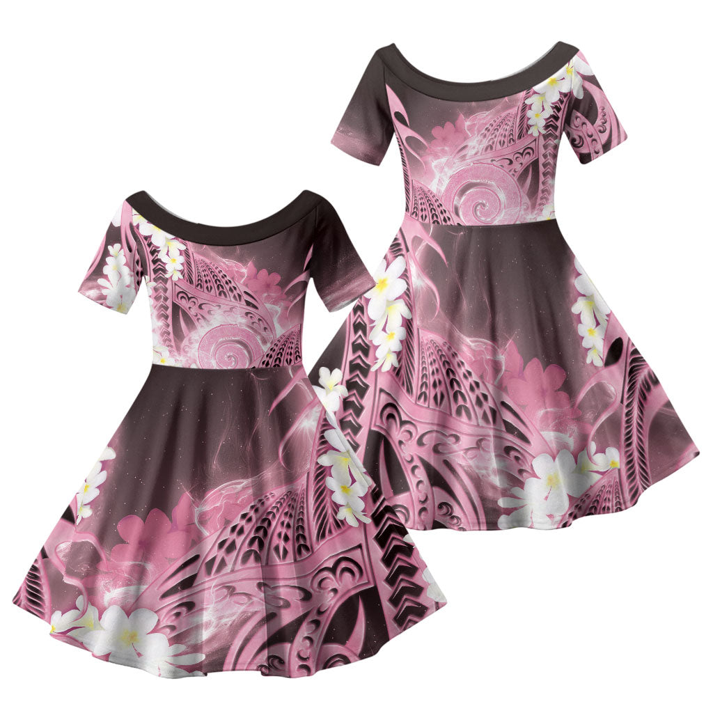 Piko Hawaiian Family Matching Mermaid Dress and Hawaiian Shirt Pink Galaxy Spiral Plumeria Tribal Patterns DT05 Daughter's Dress Pink - Polynesian Pride