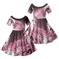 Piko Hawaiian Family Matching Off Shoulder Short Dress and Hawaiian Shirt Pink Galaxy Spiral Plumeria Tribal Patterns DT05 Daughter's Dress Pink - Polynesian Pride