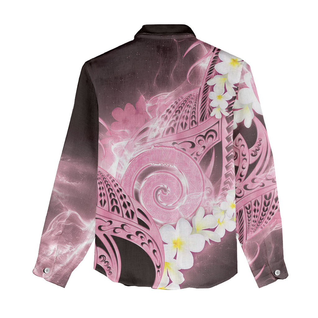 Piko Hawaiian Women Casual Shirt Pink Galaxy Spiral Plumeria Tribal Patterns
