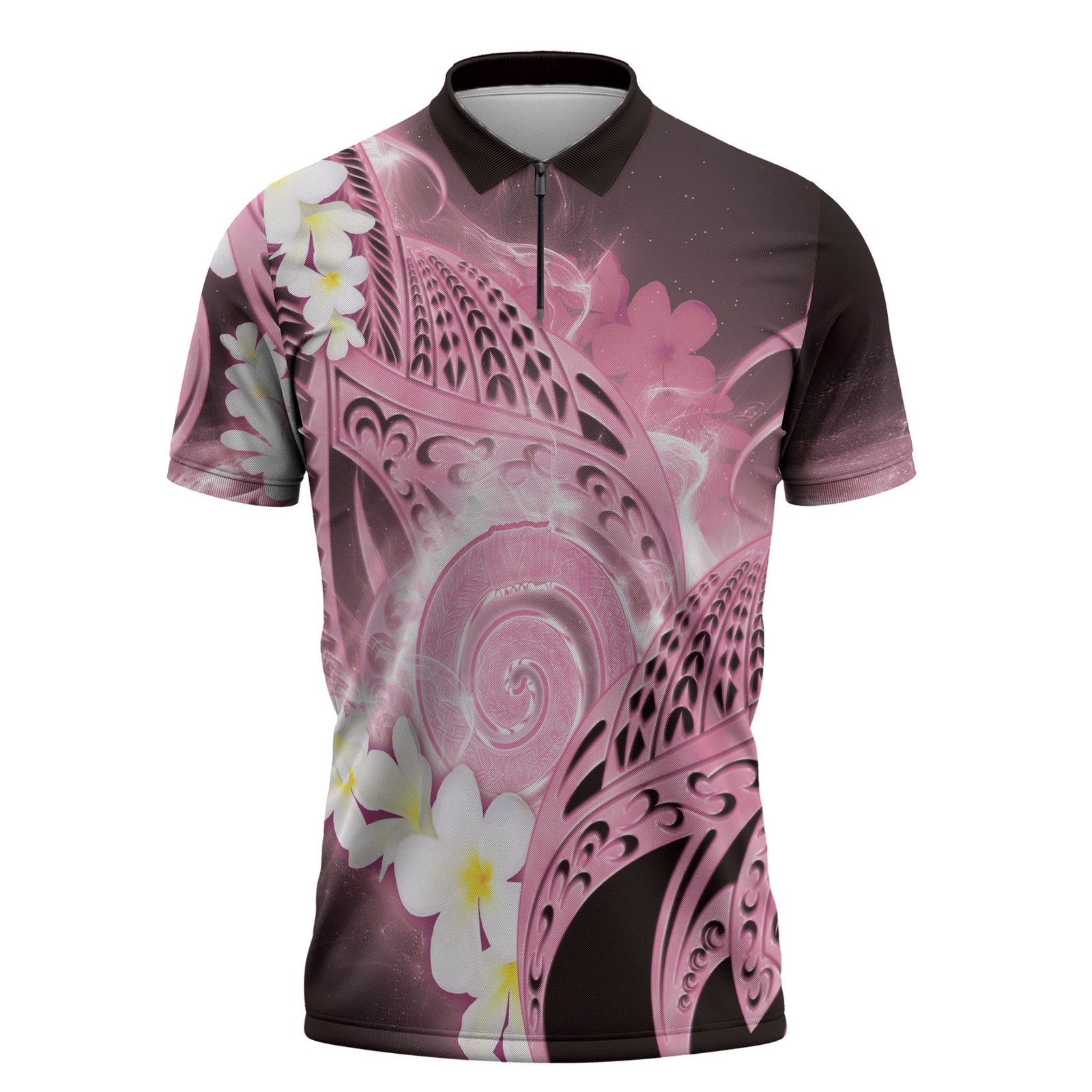 Piko Hawaiian Zipper Polo Shirt Pink Galaxy Spiral Plumeria Tribal Patterns