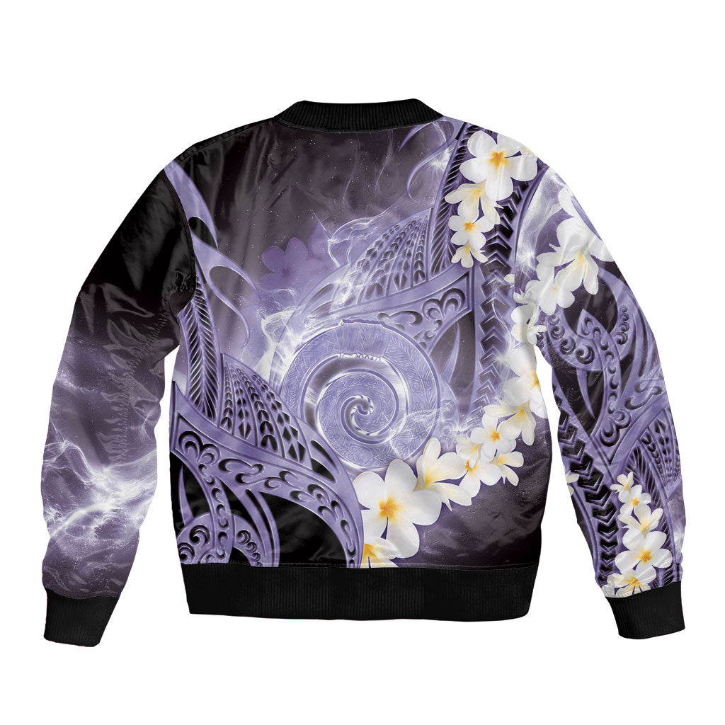 Piko Hawaiian Bomber Jacket Purple Galaxy Spiral Plumeria Tribal Patterns