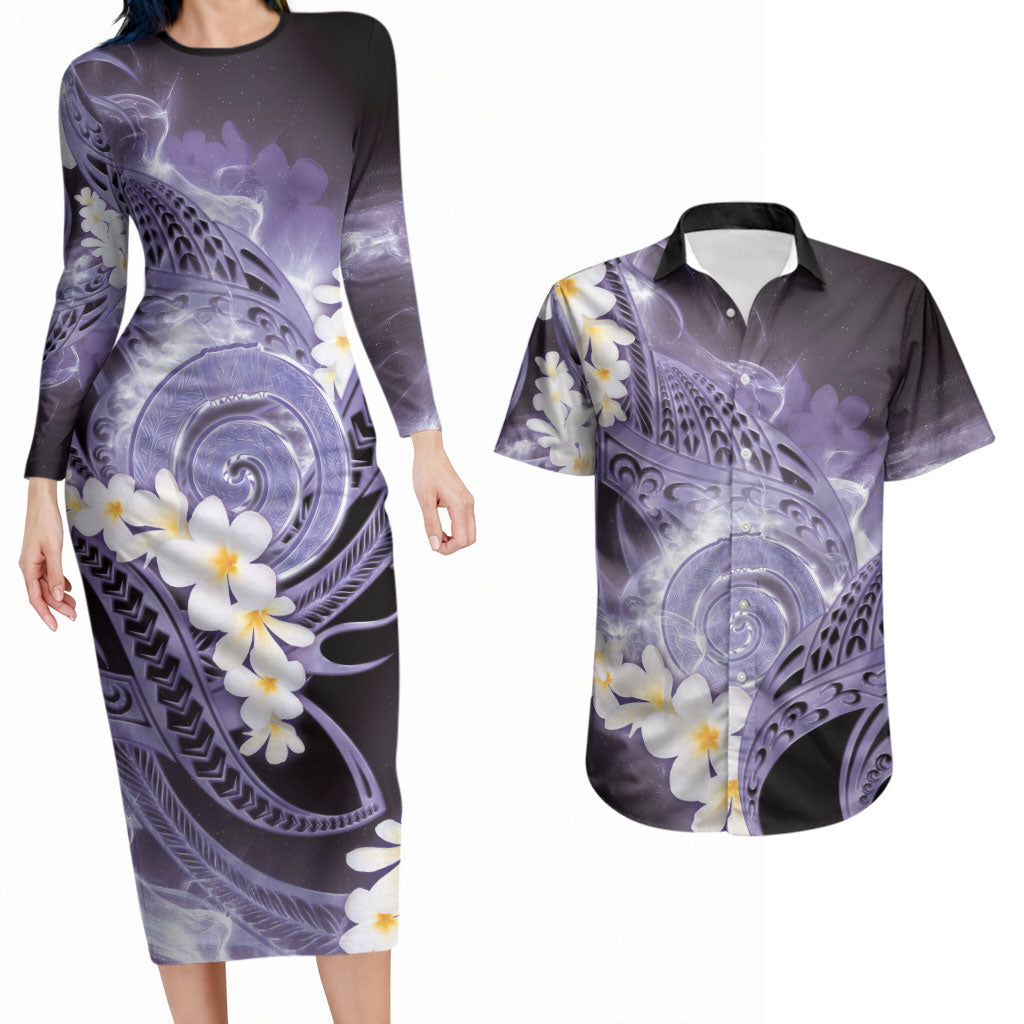 Piko Hawaiian Couples Matching Long Sleeve Bodycon Dress and Hawaiian Shirt Purple Galaxy Spiral Plumeria Tribal Patterns DT05 Purple - Polynesian Pride