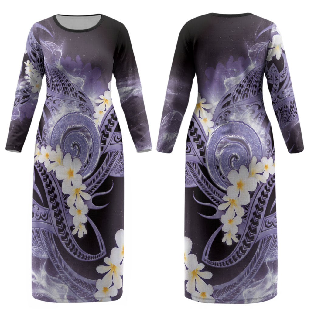 Piko Hawaiian Couples Matching Long Sleeve Bodycon Dress and Hawaiian Shirt Purple Galaxy Spiral Plumeria Tribal Patterns DT05 - Polynesian Pride