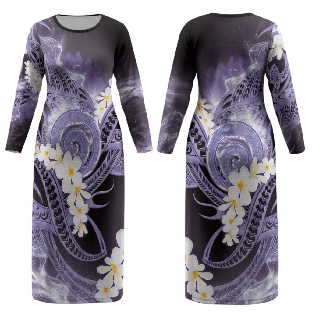 Piko Hawaiian Couples Matching Long Sleeve Bodycon Dress and Long Sleeve Button Shirt Purple Galaxy Spiral Plumeria Tribal Patterns
