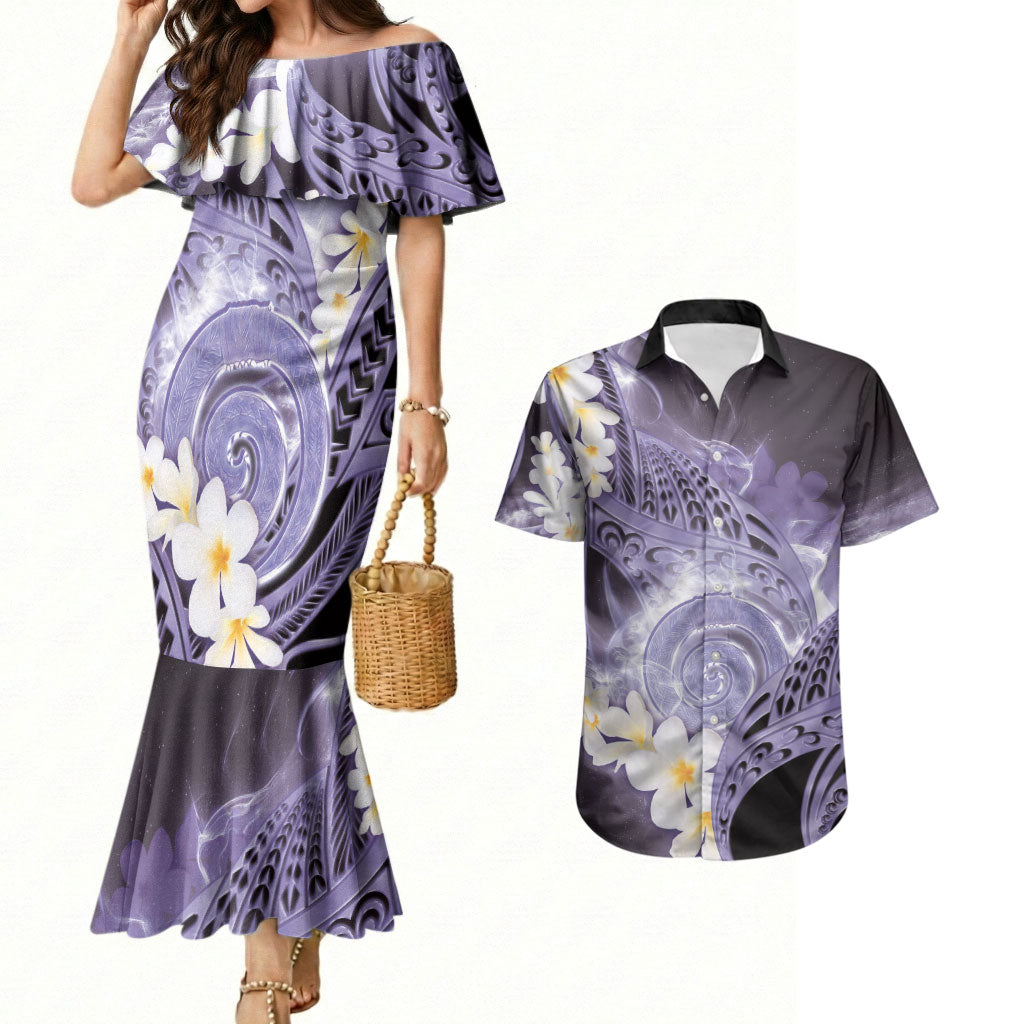 Piko Hawaiian Couples Matching Mermaid Dress and Hawaiian Shirt Purple Galaxy Spiral Plumeria Tribal Patterns DT05 Purple - Polynesian Pride