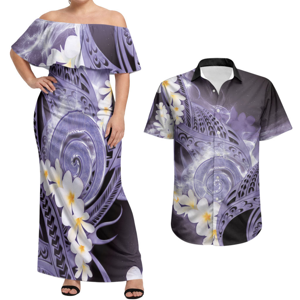 Piko Hawaiian Couples Matching Off Shoulder Maxi Dress and Hawaiian Shirt Purple Galaxy Spiral Plumeria Tribal Patterns