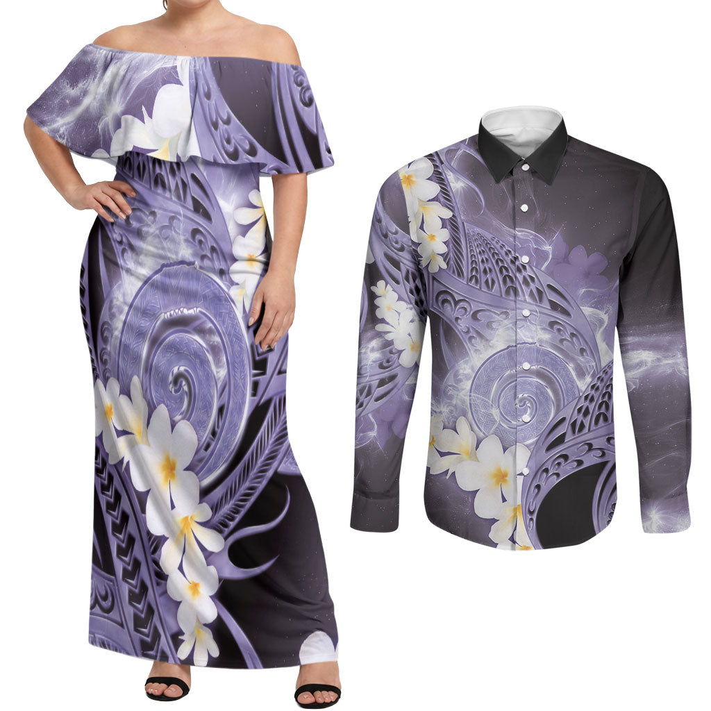 Piko Hawaiian Couples Matching Off Shoulder Maxi Dress and Long Sleeve Button Shirt Purple Galaxy Spiral Plumeria Tribal Patterns DT05 Purple - Polynesian Pride