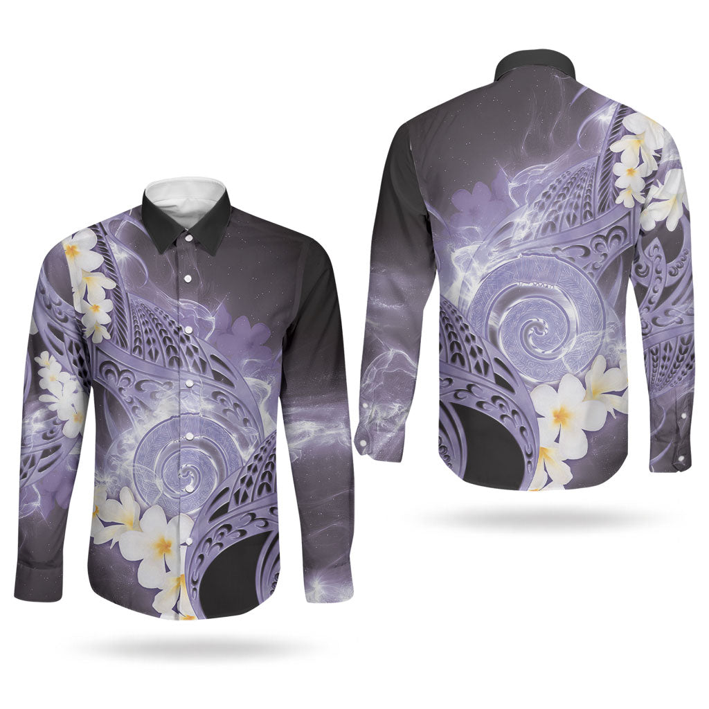 Piko Hawaiian Couples Matching Off Shoulder Maxi Dress and Long Sleeve Button Shirt Purple Galaxy Spiral Plumeria Tribal Patterns DT05 - Polynesian Pride