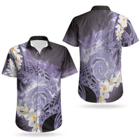 Piko Hawaiian Couples Matching Off Shoulder Short Dress and Hawaiian Shirt Purple Galaxy Spiral Plumeria Tribal Patterns DT05 - Polynesian Pride