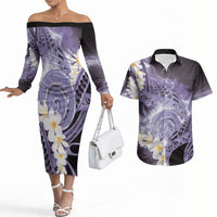 Piko Hawaiian Couples Matching Off The Shoulder Long Sleeve Dress and Hawaiian Shirt Purple Galaxy Spiral Plumeria Tribal Patterns DT05 Purple - Polynesian Pride