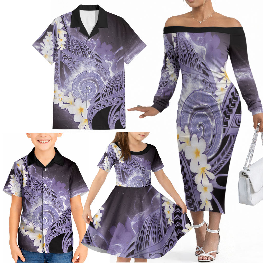 Piko Hawaiian Family Matching Off The Shoulder Long Sleeve Dress and Hawaiian Shirt Purple Galaxy Spiral Plumeria Tribal Patterns DT05 - Polynesian Pride