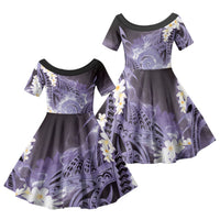 Piko Hawaiian Family Matching Off The Shoulder Long Sleeve Dress and Hawaiian Shirt Purple Galaxy Spiral Plumeria Tribal Patterns DT05 Daughter's Dress Purple - Polynesian Pride