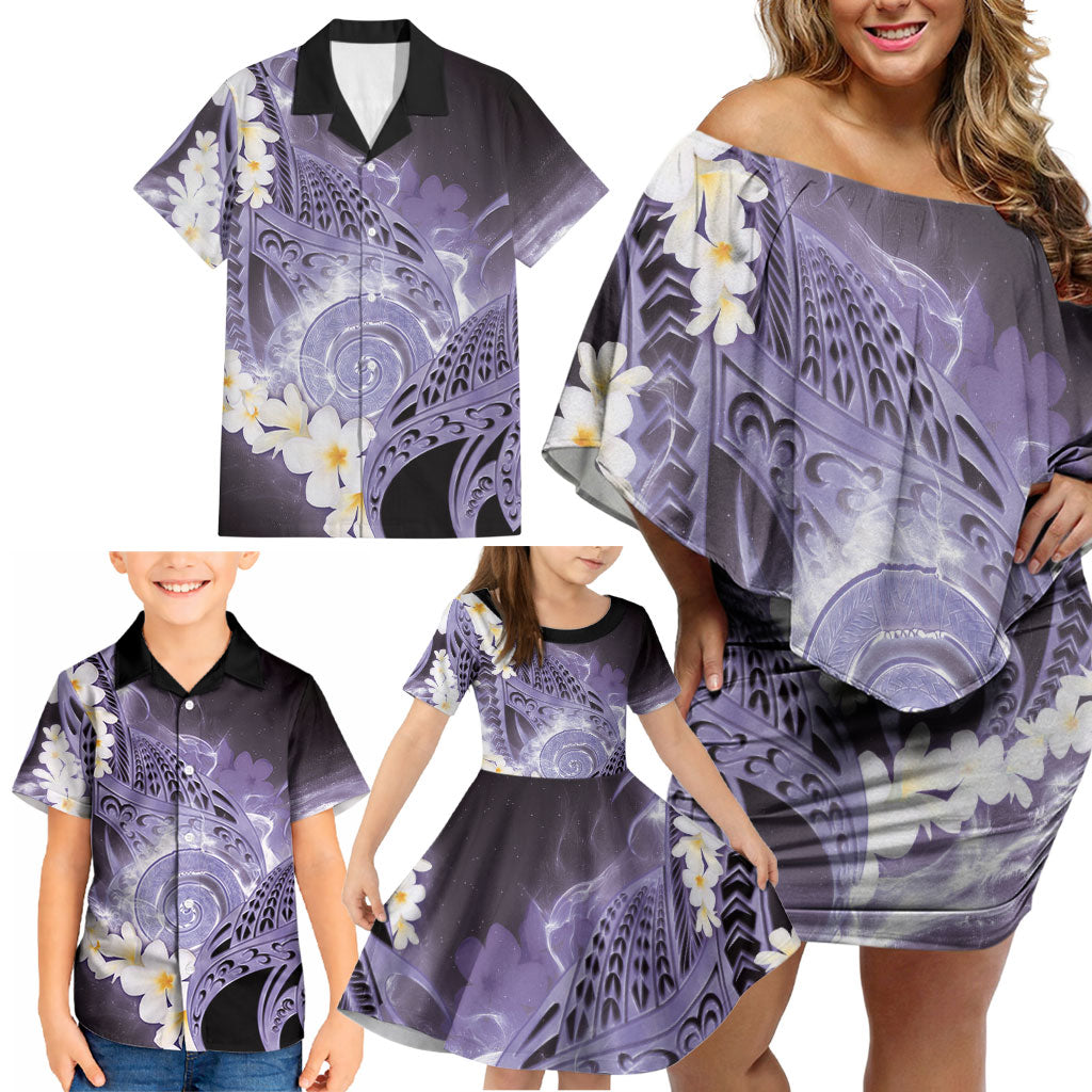 Piko Hawaiian Family Matching Off Shoulder Short Dress and Hawaiian Shirt Purple Galaxy Spiral Plumeria Tribal Patterns DT05 - Polynesian Pride