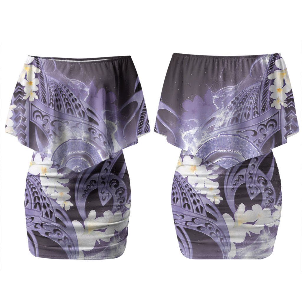 Piko Hawaiian Family Matching Off Shoulder Short Dress and Hawaiian Shirt Purple Galaxy Spiral Plumeria Tribal Patterns DT05 Mom's Dress Purple - Polynesian Pride