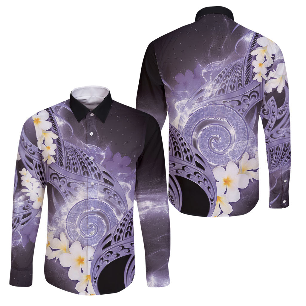 Piko Hawaiian Family Matching Off Shoulder Short Dress and Hawaiian Shirt Purple Galaxy Spiral Plumeria Tribal Patterns DT05 Dad's Shirt - Long Sleeve Purple - Polynesian Pride