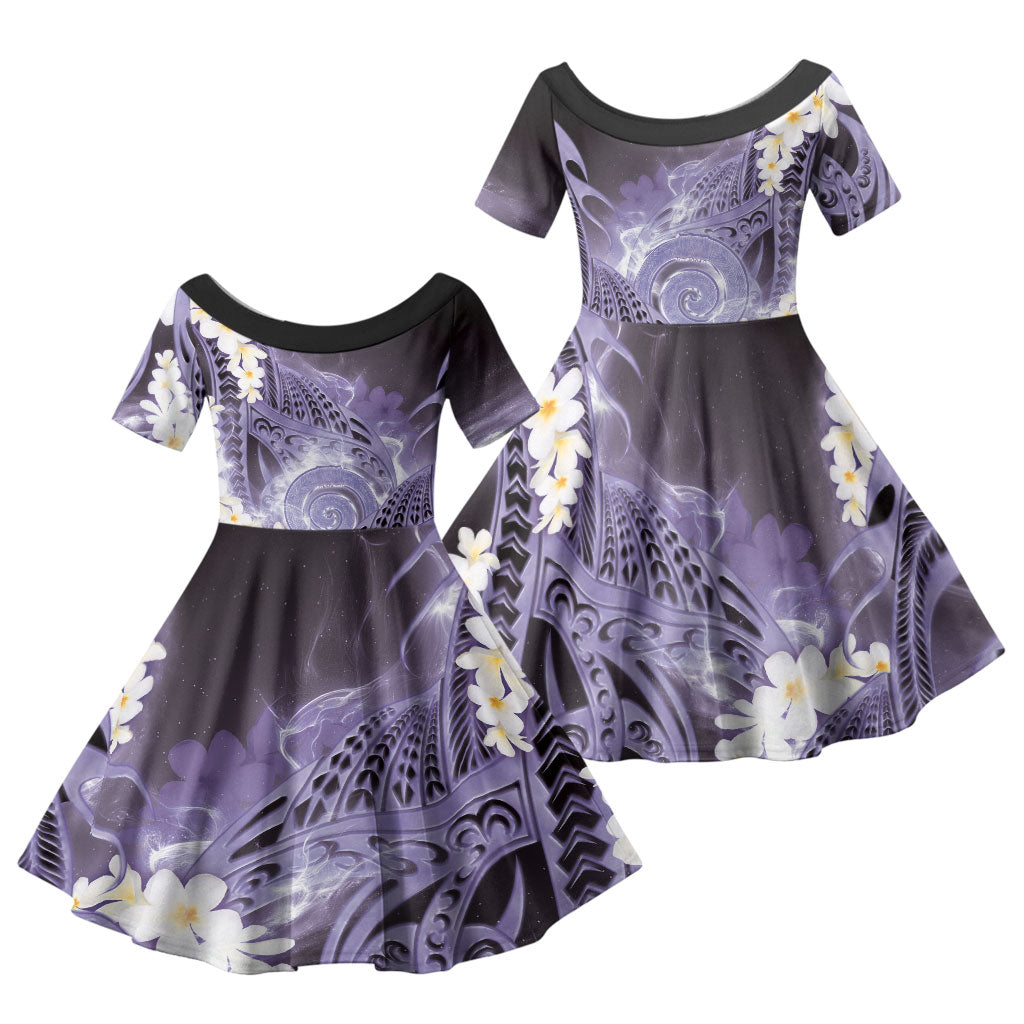 Piko Hawaiian Family Matching Short Sleeve Bodycon Dress and Hawaiian Shirt Purple Galaxy Spiral Plumeria Tribal Patterns DT05 Daughter's Dress Purple - Polynesian Pride