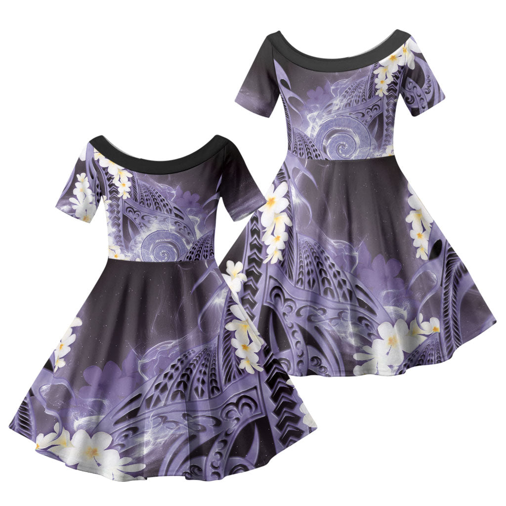 Piko Hawaiian Family Matching Summer Maxi Dress and Hawaiian Shirt Purple Galaxy Spiral Plumeria Tribal Patterns DT05 Daughter's Dress Purple - Polynesian Pride