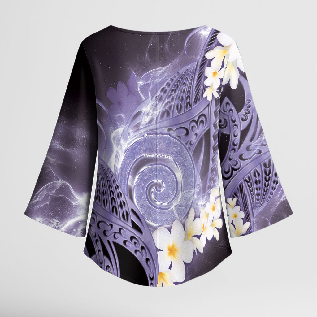 Piko Hawaiian Kimono Sleeve Blouse Purple Galaxy Spiral Plumeria Tribal Patterns