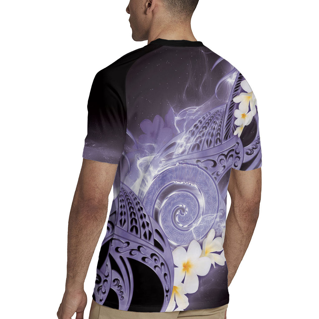 Piko Hawaiian Rugby Jersey Purple Galaxy Spiral Plumeria Tribal Patterns
