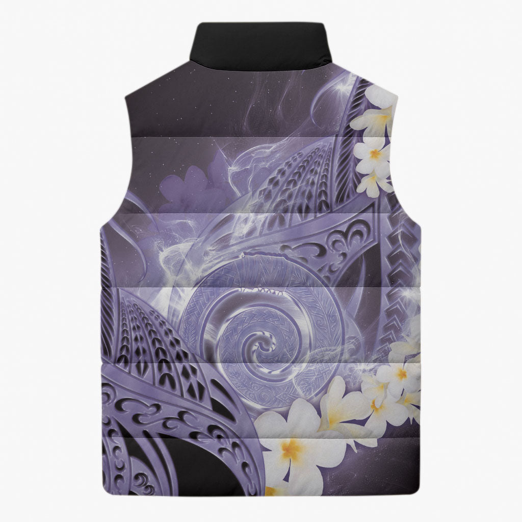 Piko Hawaiian Sleeveless Puffer Jacket Purple Galaxy Spiral Plumeria Tribal Patterns