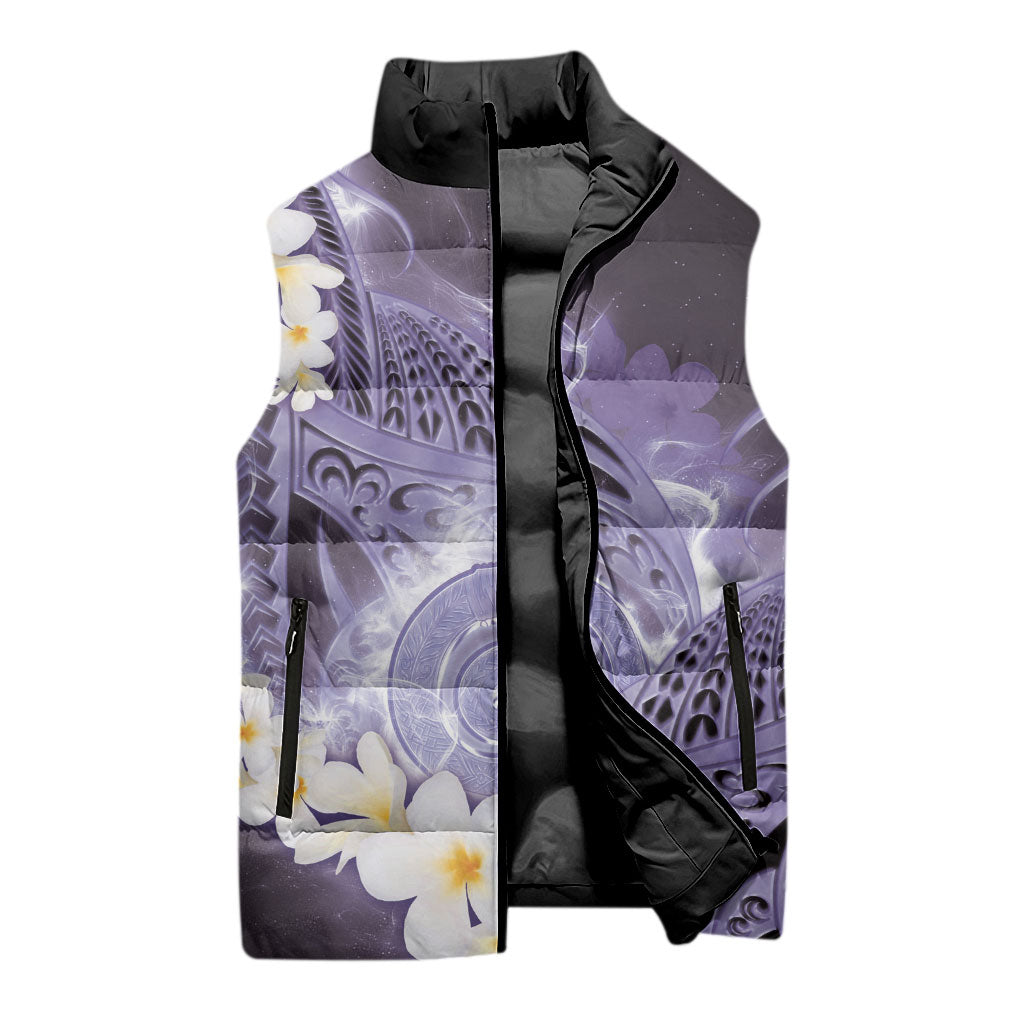 Piko Hawaiian Sleeveless Puffer Jacket Purple Galaxy Spiral Plumeria Tribal Patterns
