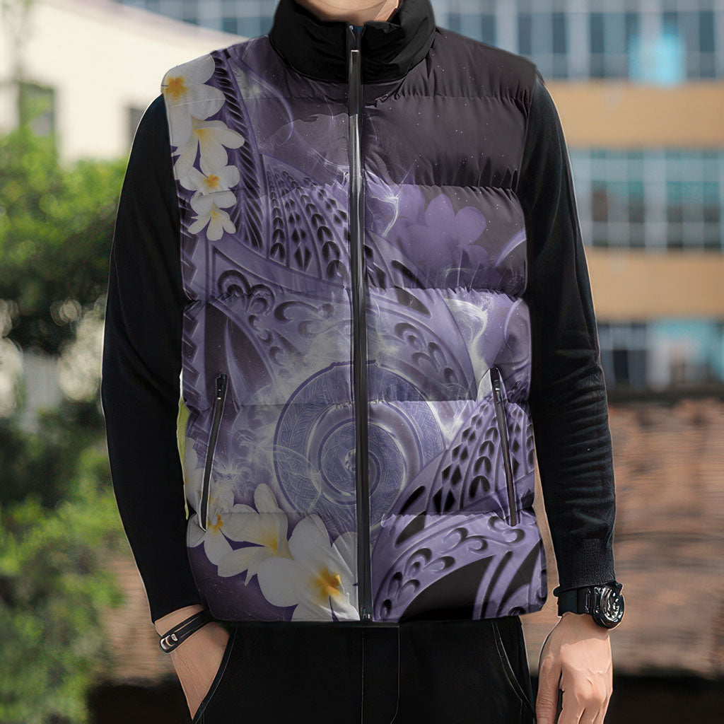 Piko Hawaiian Sleeveless Puffer Jacket Purple Galaxy Spiral Plumeria Tribal Patterns